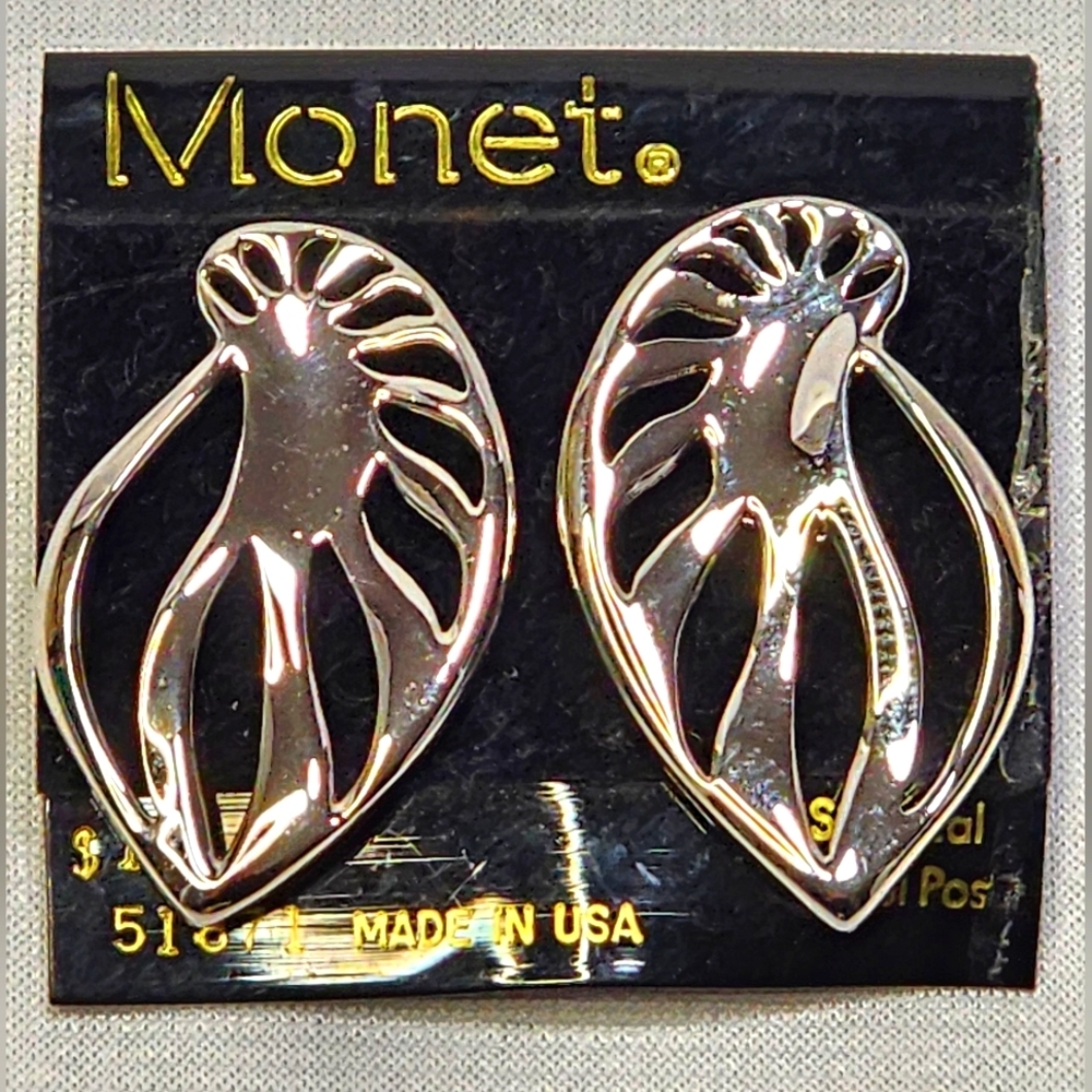 Monet Shiny Silver Palm Leaf Earrings